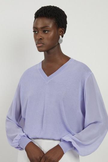 Lightweight Viscose Blend Summer Knit Georgette Sleeve Top light blue