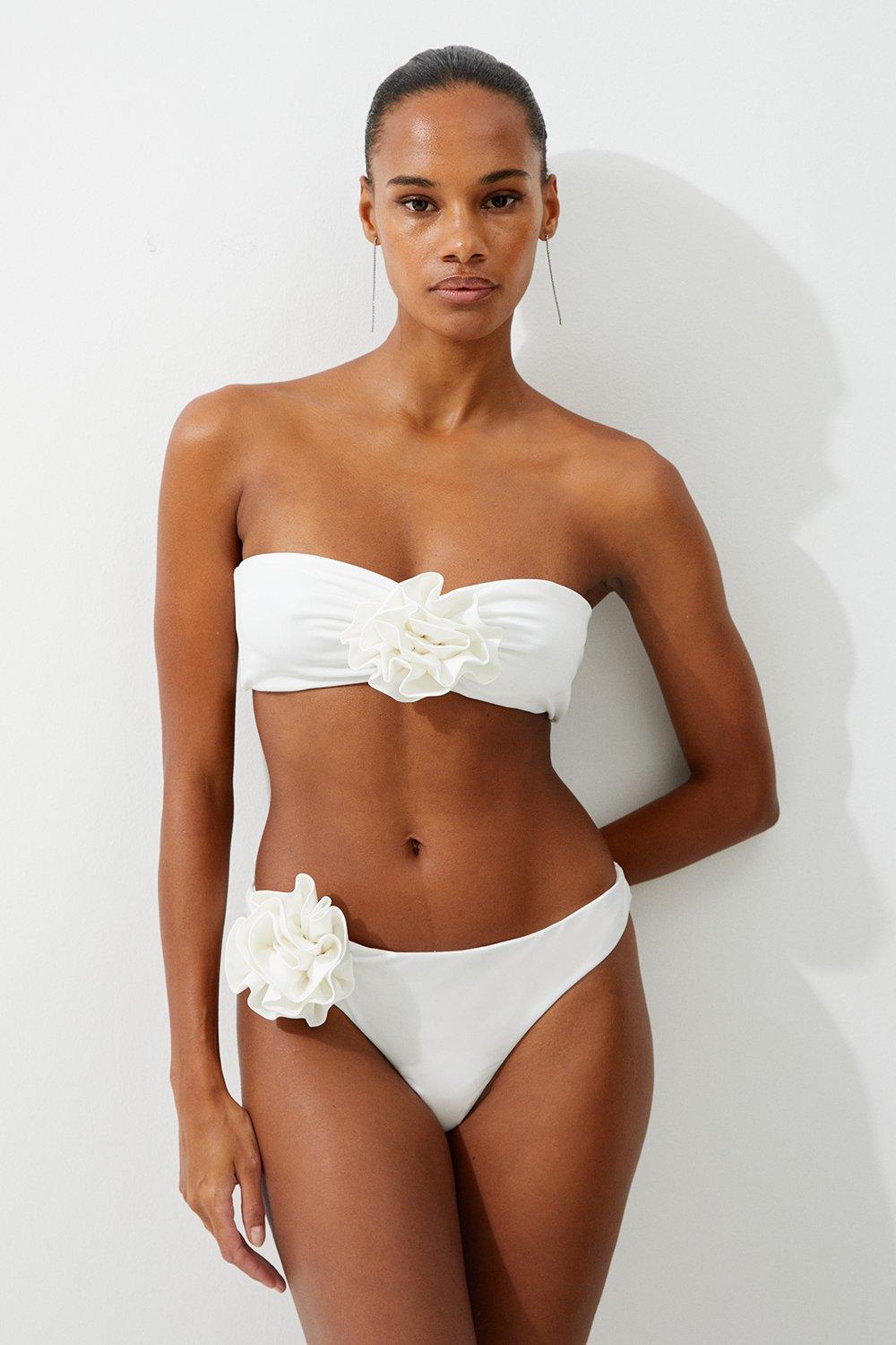 Cream Rosette Detail Thong Bikini Bottom