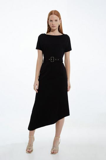 Black Waterfall Hem Belted Short Sleeve Ponte Jersey Maxi Dress