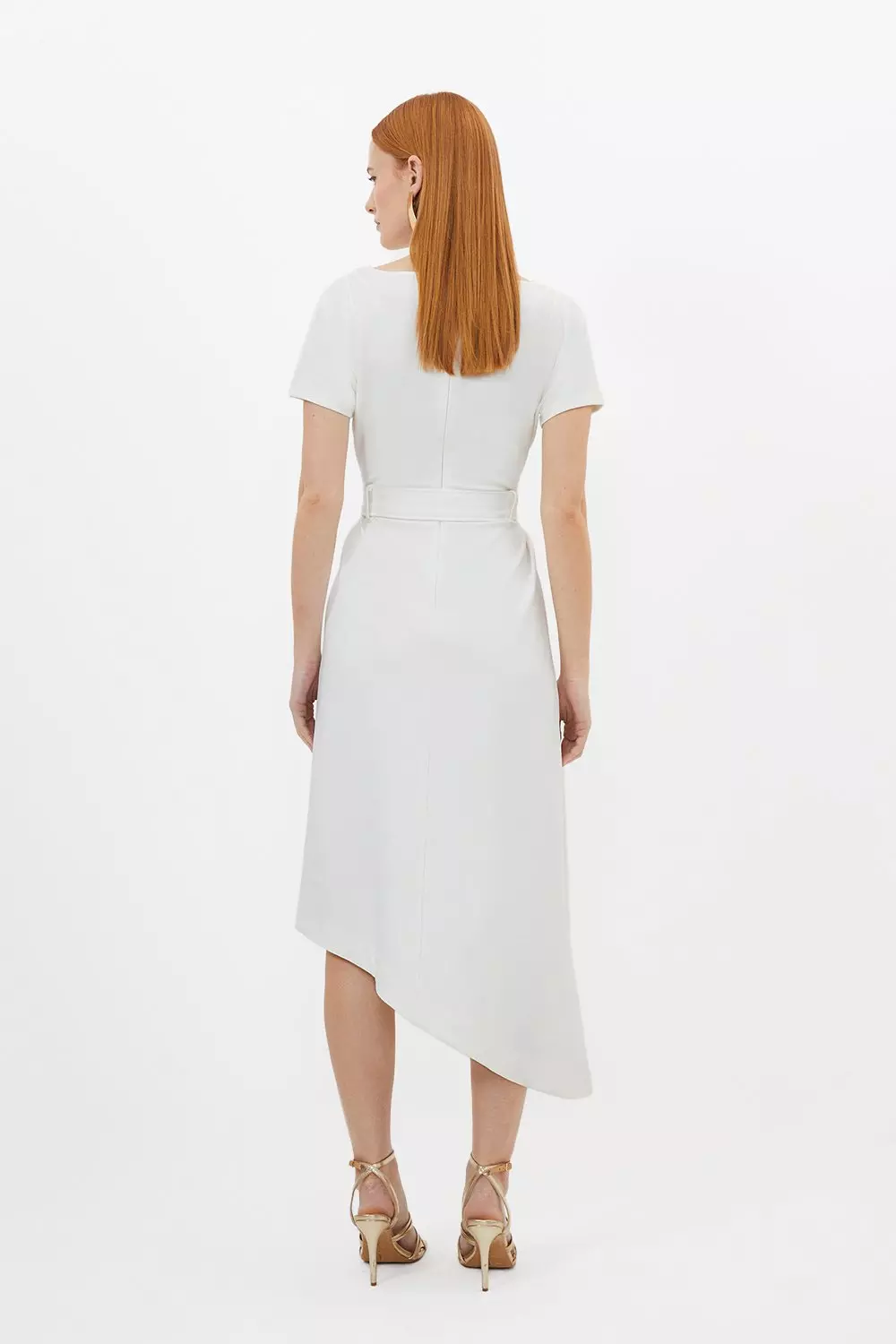 Waterfall Hem Belted Short Sleeve Ponte Jersey Midi Dress
