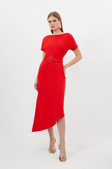 Waterfall Hem Belted Short Sleeve Ponte Jersey Midi Dress red