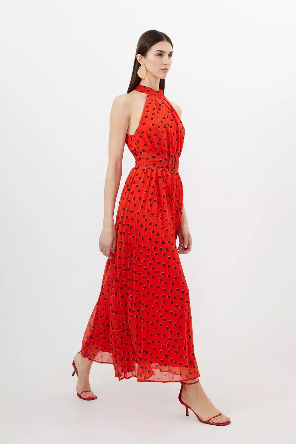 Spot Print Pleated Georgette Woven Halter Midi Dress Karen Millen