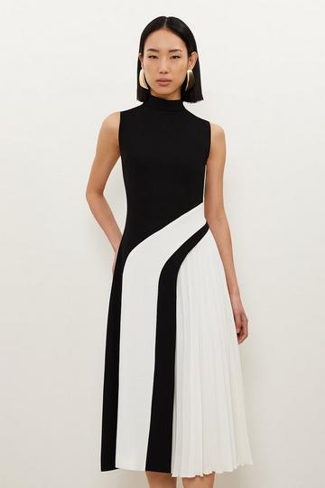 Fluid Tailored Colourblock High Neck Pleated Midi Dress ivory