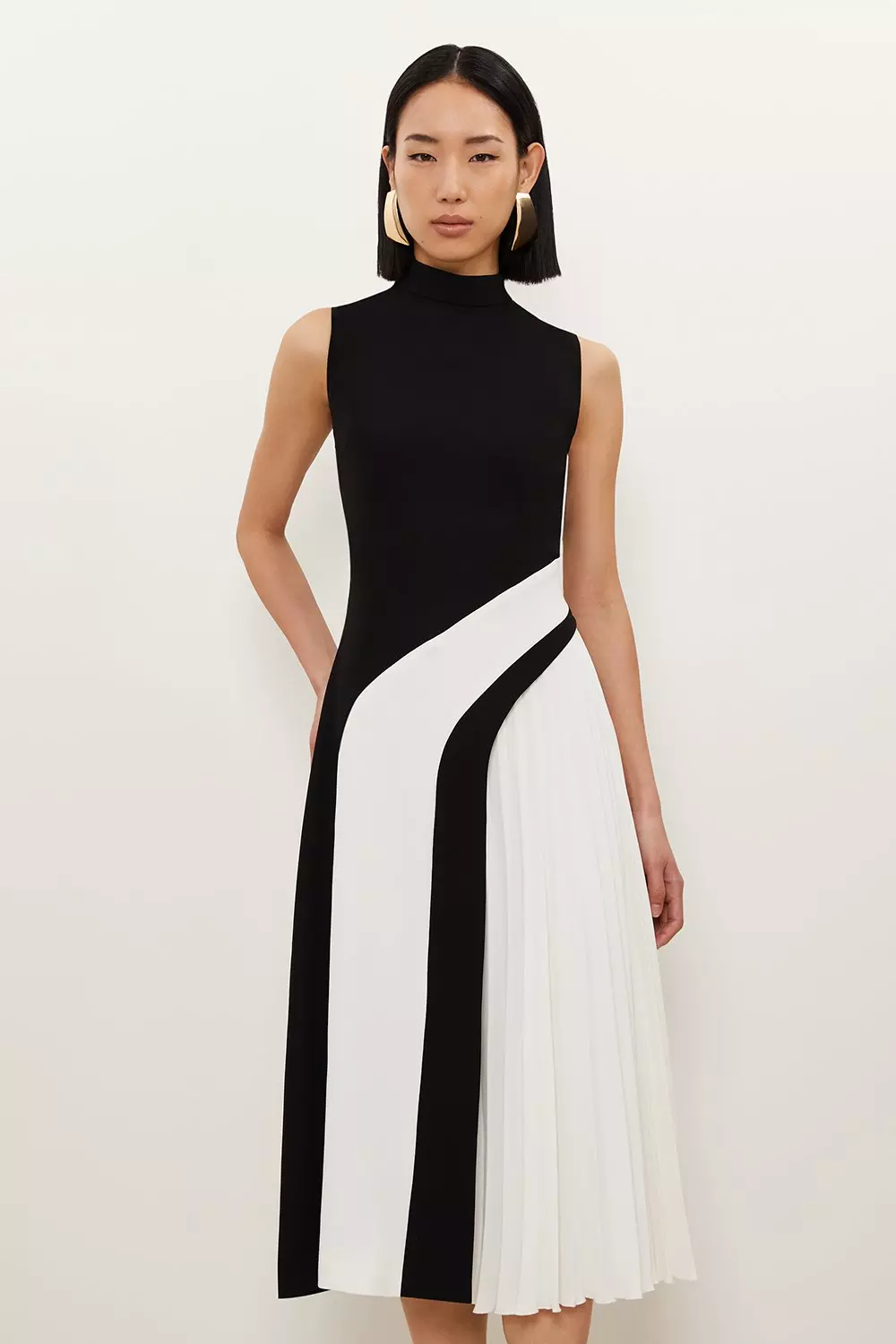 Fluid Tailored Colourblock High Neck Pleated Midi Dress Karen Millen