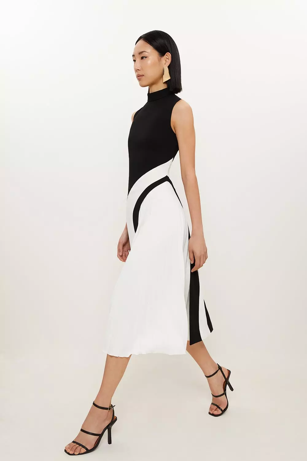 Fluid Tailored Colourblock High Neck Pleated Midi Dress Karen Millen