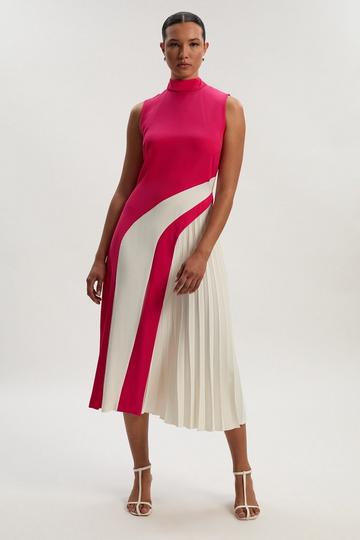 Fluid Tailored Color Block High Neck Pleated Midi Dress raspberry