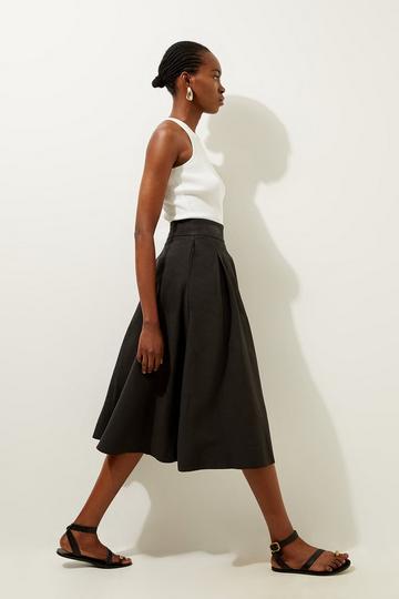 Black Premium Linen Viscose Fluid Tailored Midaxi Full Skirt