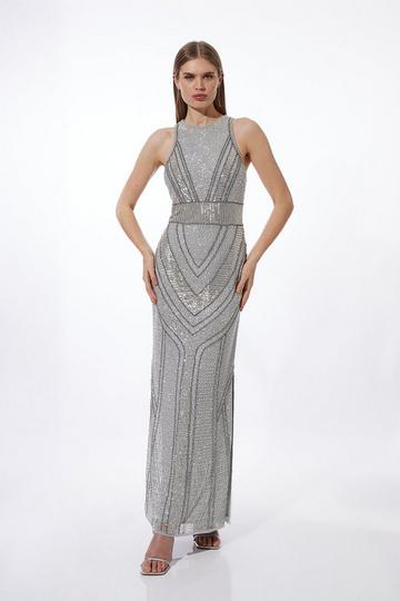 Petite Premium Beading Embellished Woven Halter Maxi Dress silver