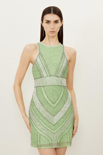 Green Petite Premium Beading And Embellished Mini Dress