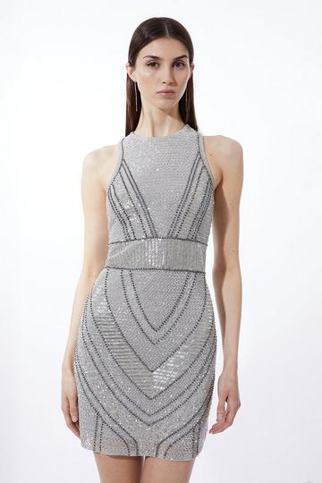 Silver Petite Premium Beading And Embellished Mini Dress