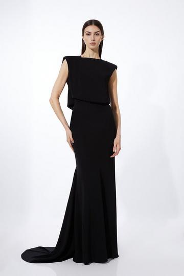 Black Petite Premium Bonded Crepe Drape Detail Maxi Dress