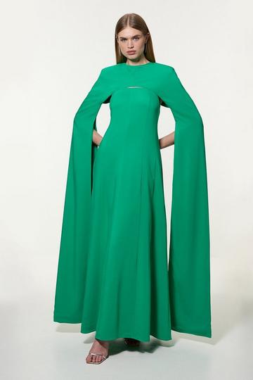 Petite Premium Bonded Crepe Detachable Cape Maxi Dress green