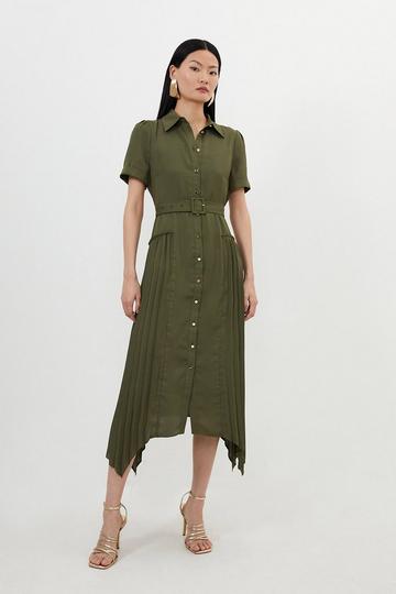 Khaki Pleated Georgette Woven Midi Shirt Dress