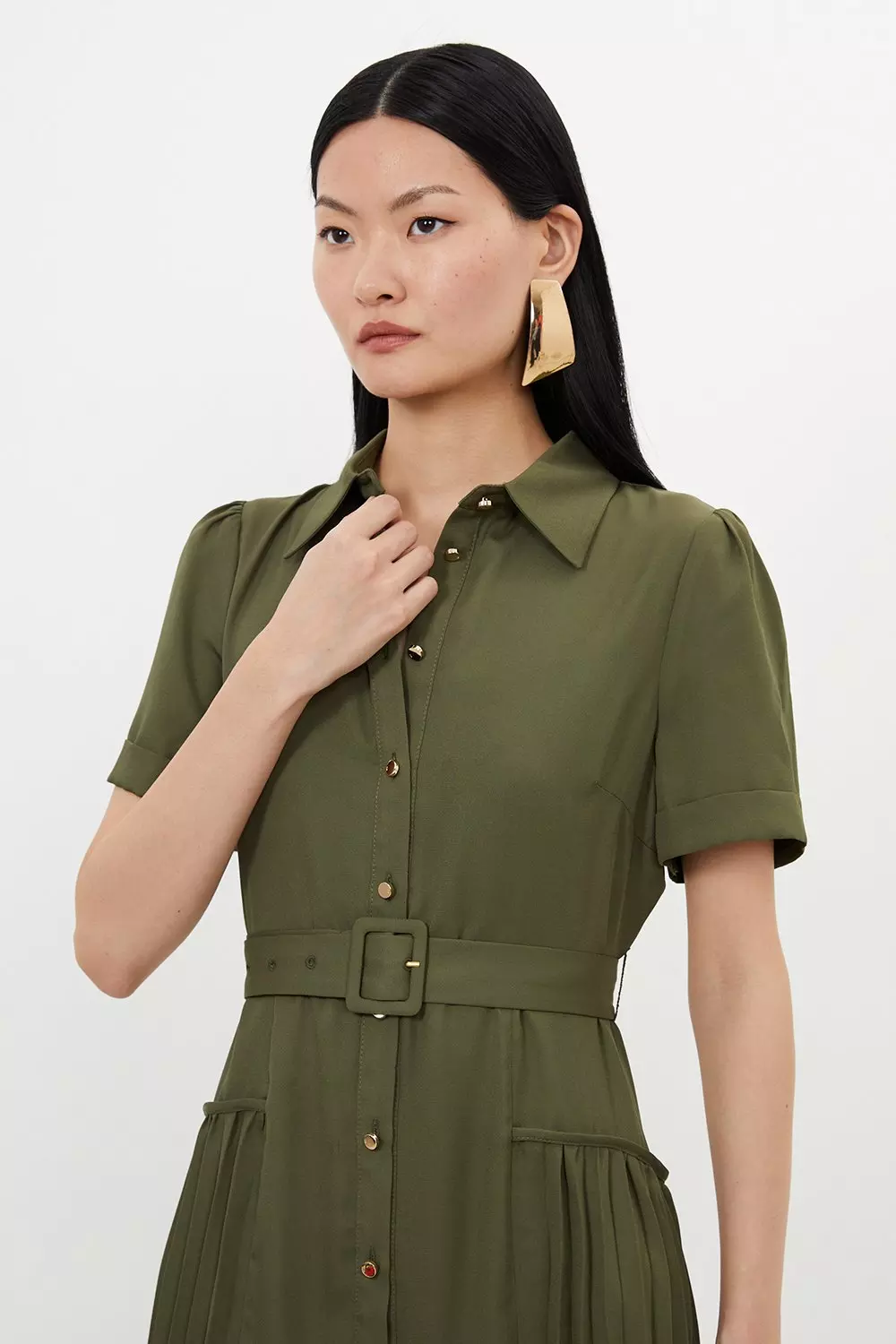 Pleated Georgette Woven Midi Shirt Dress Karen Millen