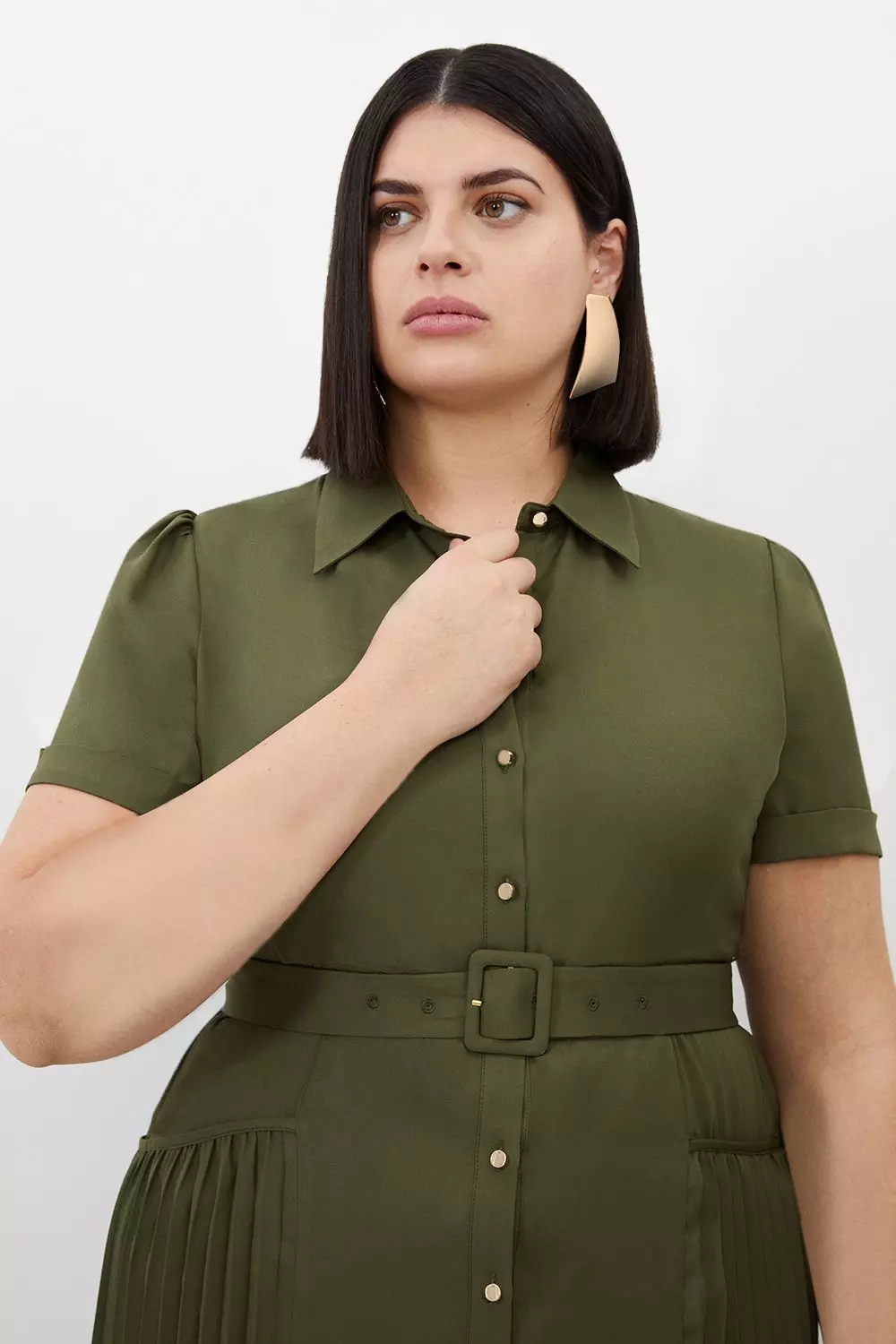 Plus Size Pleated Georgette Woven Midi Shirt Dress | Karen