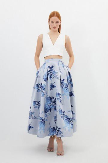 Petite Placed Jacquard Twill Woven Prom Skirt blue