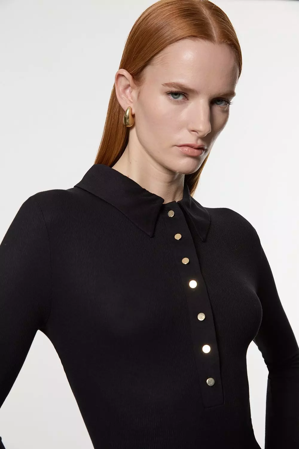 KarenMillen/リブ ジャージー Collared Midi Dress bkk17655_black_xl?$