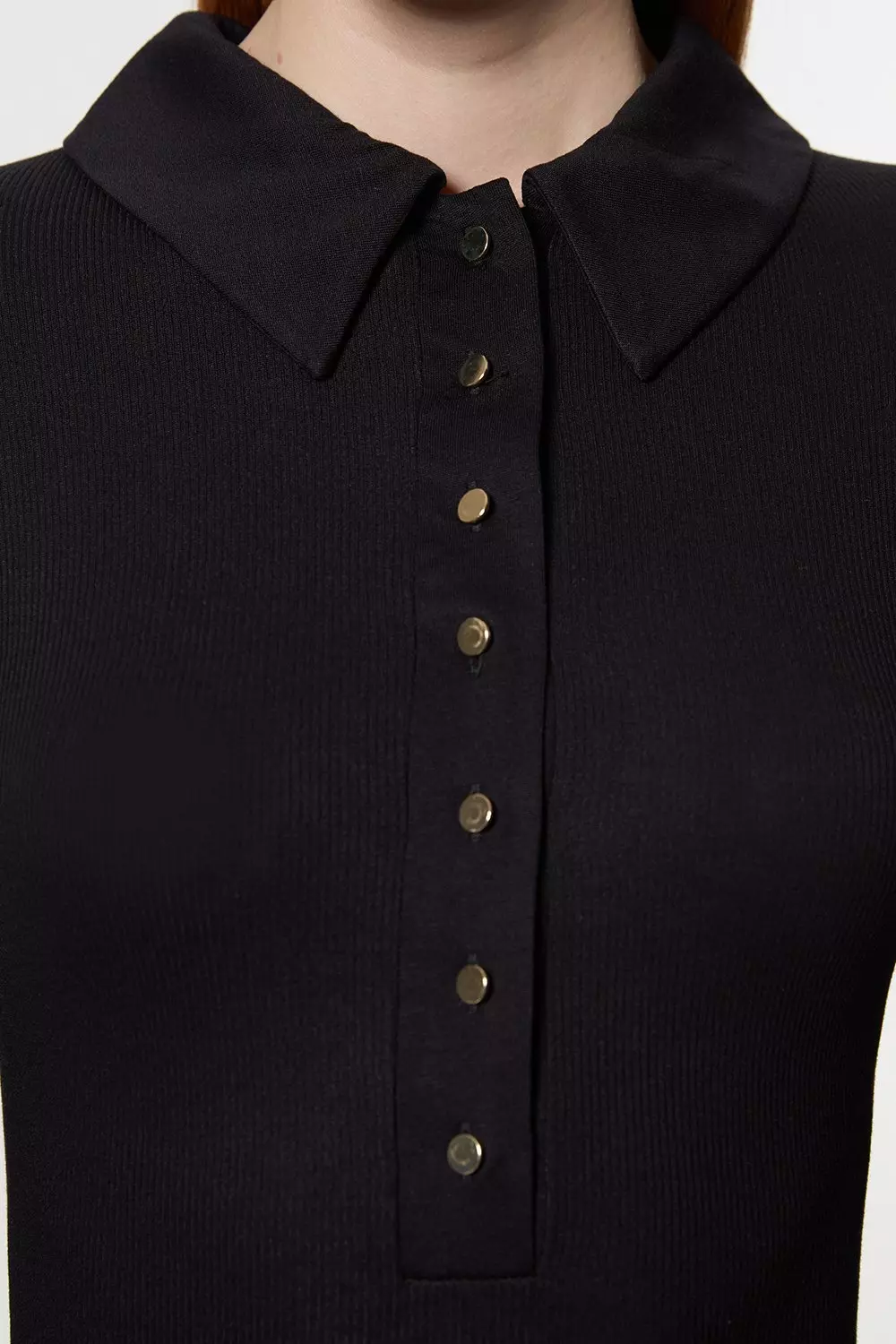 Viscose Rib Jersey Long Sleeve Collared Midi Dress | Karen