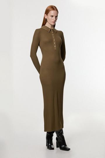 Khaki Viscose Rib Jersey Long Sleeve Collared Midi Dress