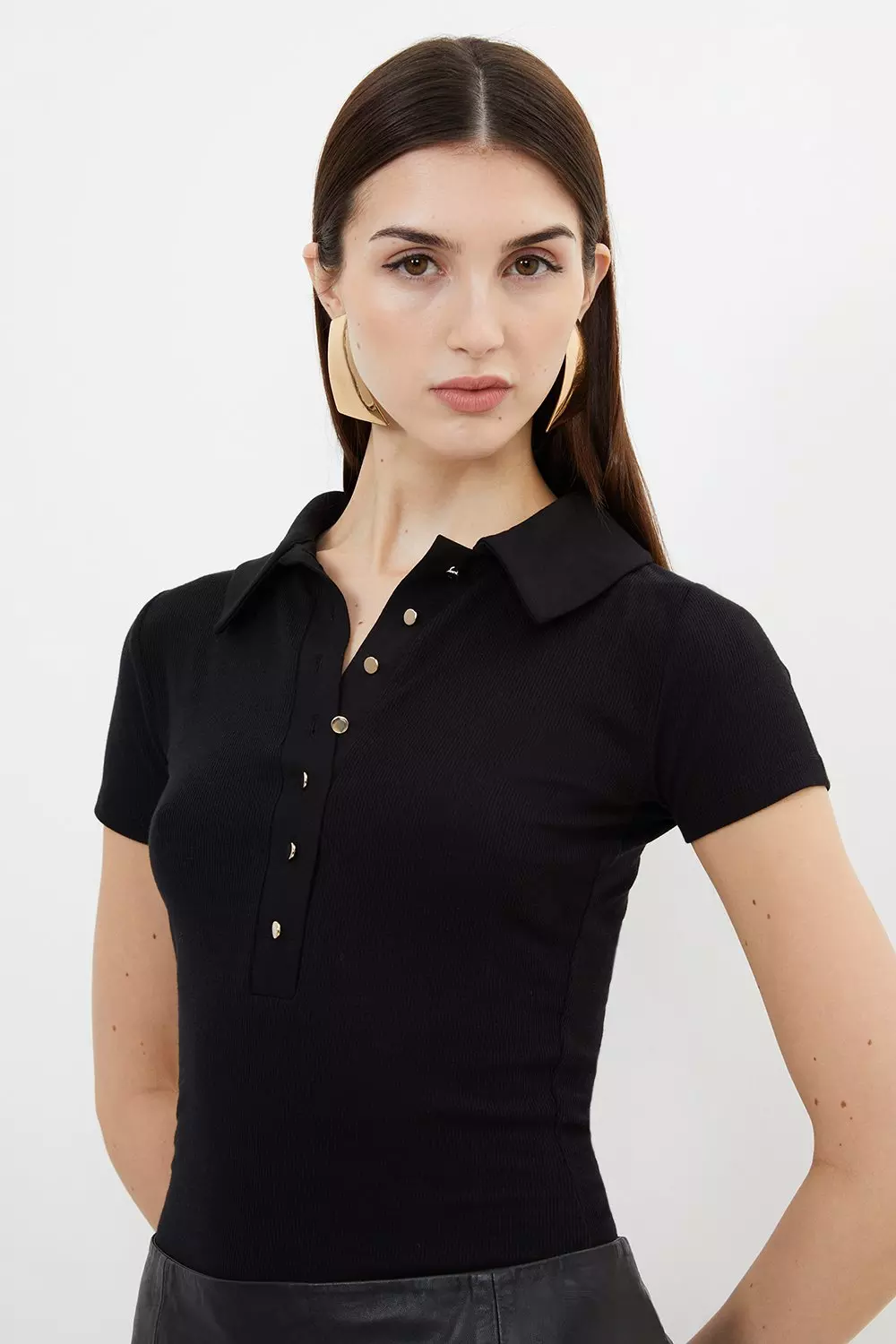 Viscose Rib Jersey Short Sleeve Collared Top Karen Millen