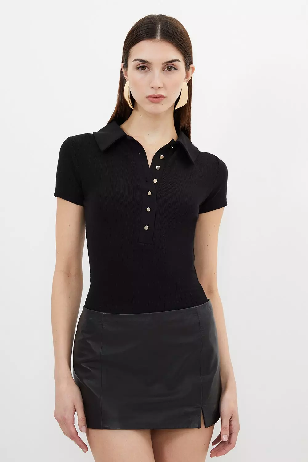 Viscose Rib Jersey Short Sleeve Collared Top | Karen Millen
