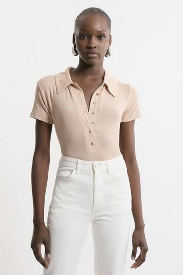 Viscose Rib Jersey Short Sleeve Collared Top blush