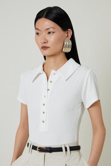 Viscose Rib Jersey Short Sleeve Collared Top ivory