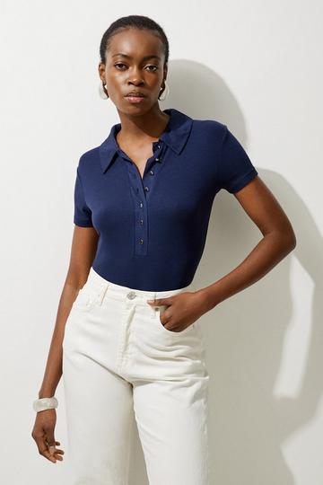 Viscose Rib Jersey Short Sleeve Collared Top navy