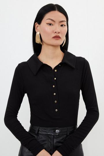Black Viscose Rib Jersey Long Sleeve Collared Top