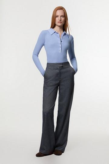 Viscose Rib Jersey Long Sleeve Collared Top blue