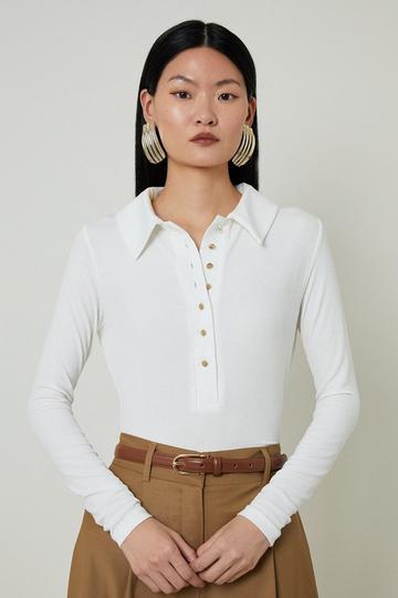 Viscose Rib Jersey Long Sleeve Collared Top ivory