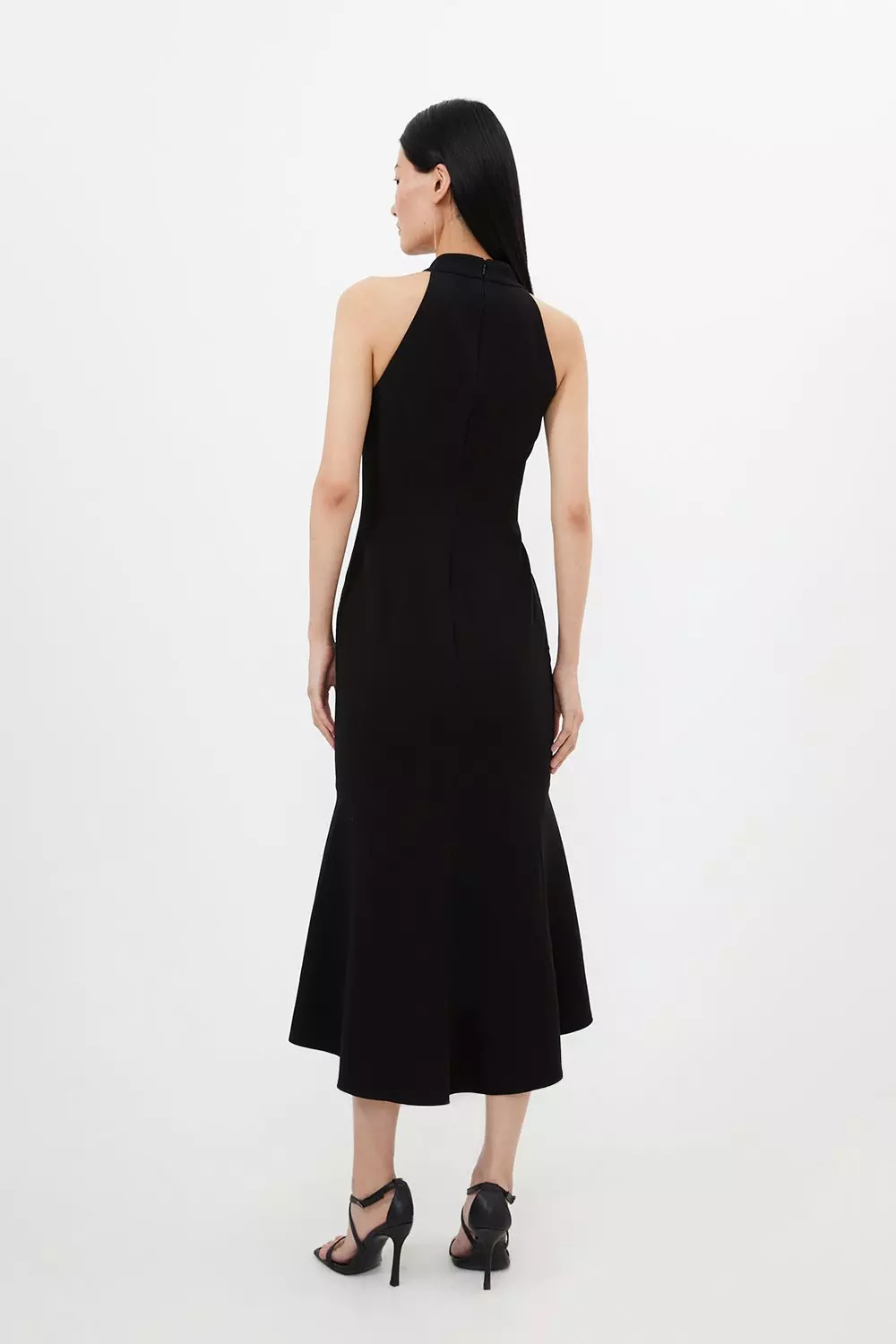 MILLO WOMEN☆Hem Line Midi Dress Compact Stretch Essential Waterfall Hem High Neck Midi Dress