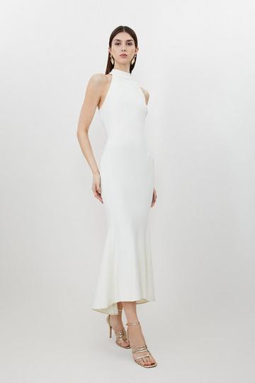 Cream White Compact Stretch Waterfall Hem High Neck Midi Dress