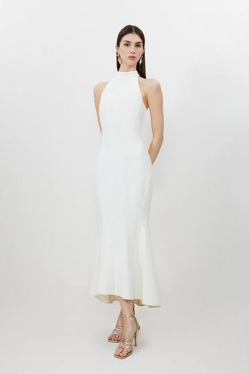 Cream White Tall Compact Stretch Waterfall Hem High Neck Midi Dress