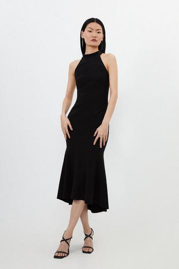 Petite Compact Stretch Waterfall Hem High Neck Midi Dress black