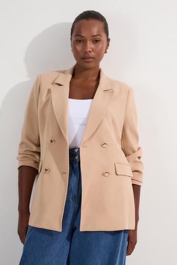 Plus Size Compact Essential Tailored Double Breasted Blazer camel