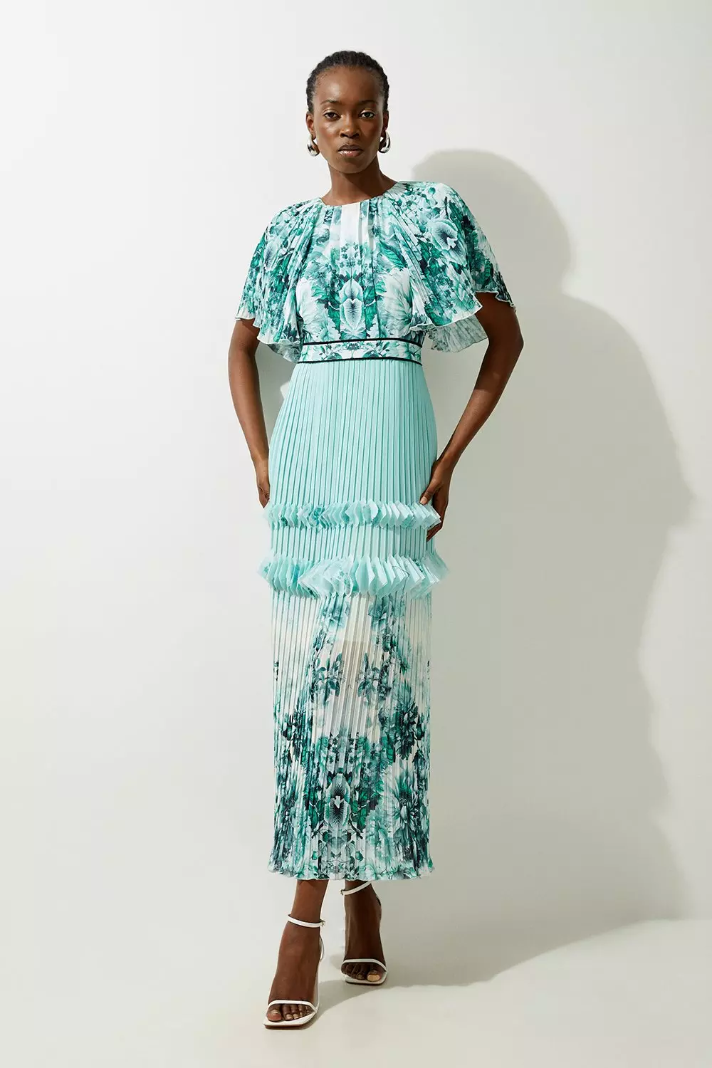 Green Floral Pleat Detail Woven Maxi Dress alternative image