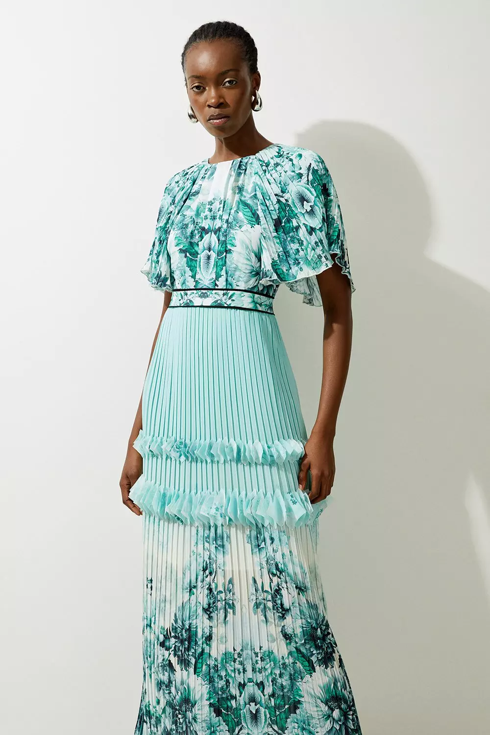 Green Floral Pleat Detail Woven Maxi Dress alternative image