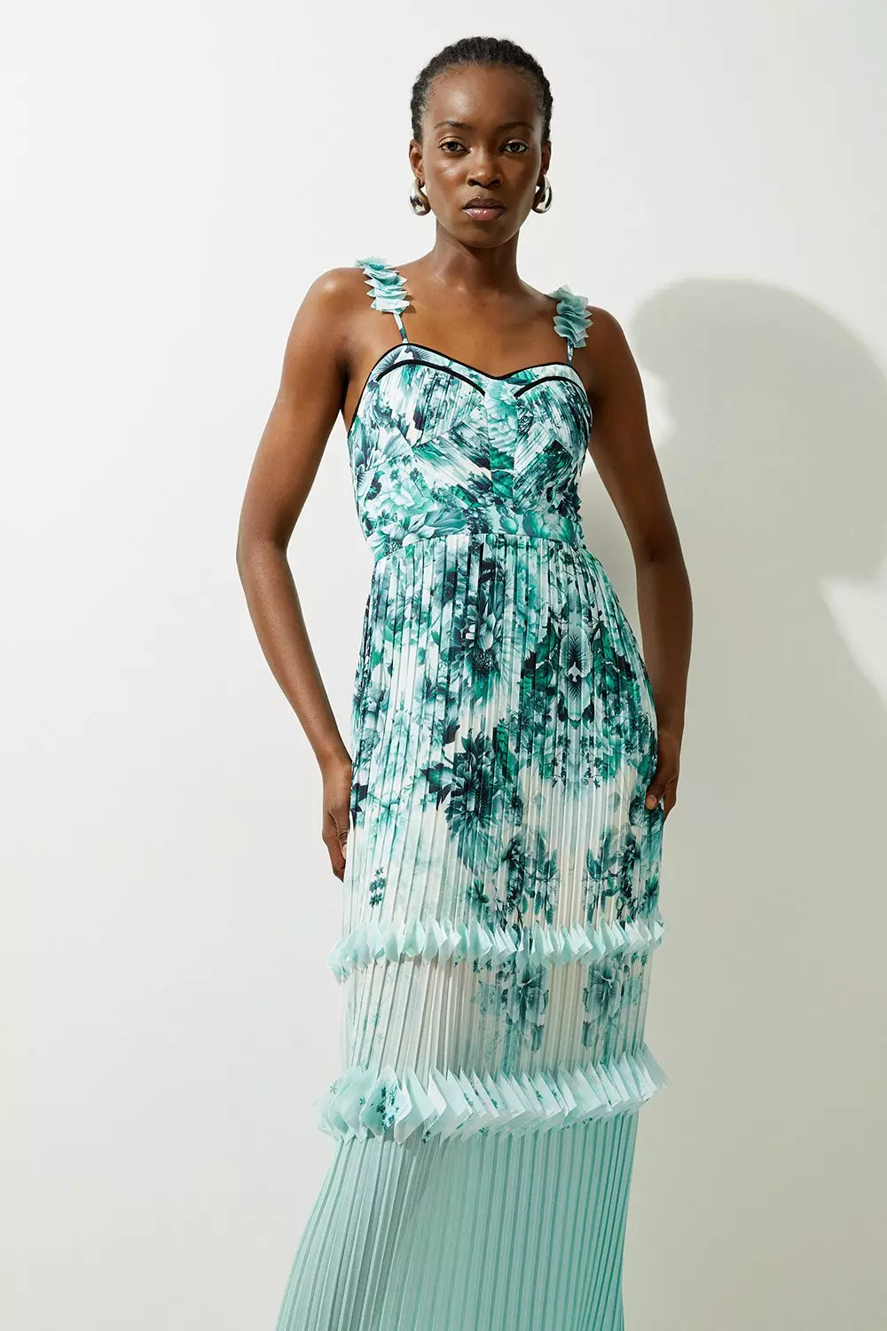 KAREN MILLEN* シーニックプリント トップステッチドレス Petite Floral Pleat Detail Strappy Woven Midi Dress | Karen