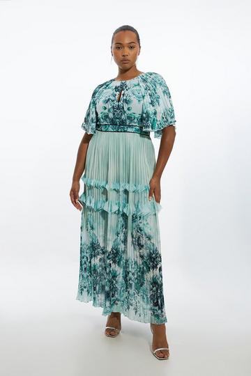 Green Plus Size Floral Pleat Detail Woven Midaxi Dress