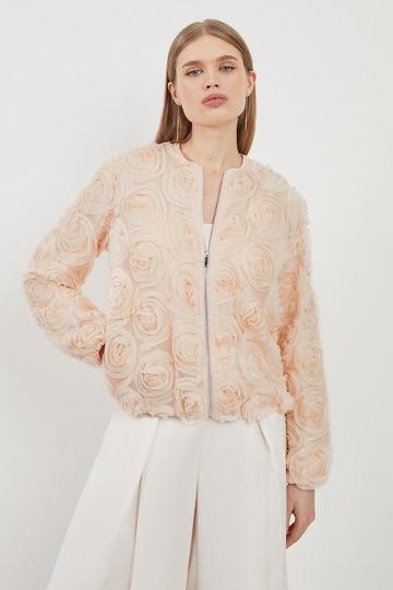 Crinkle Rosette Woven Bomber Jacket blush