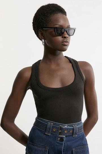 Black Compact Jersey Rib Racer Crop Top