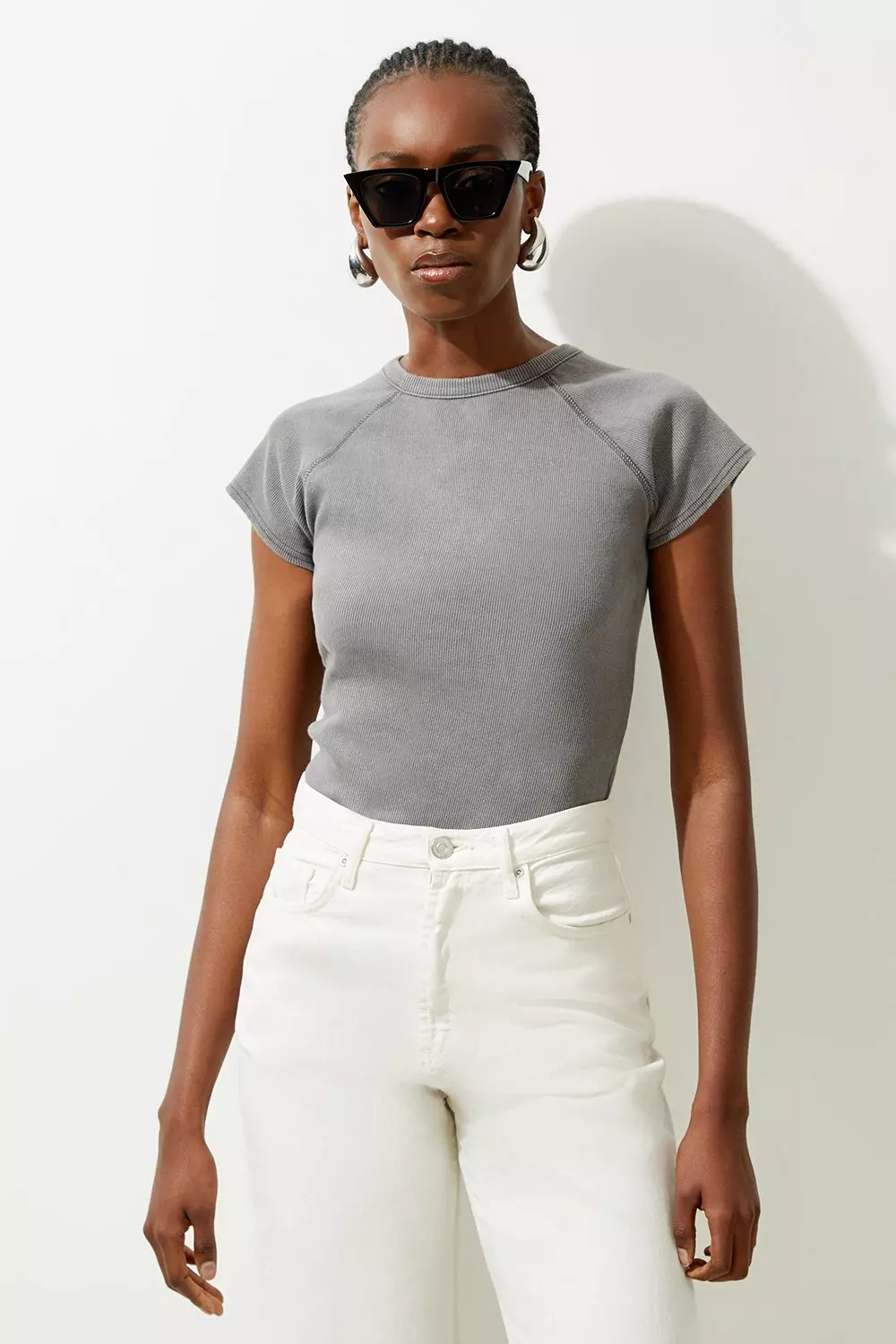 Acid Wash Compact Jersey Rib Cap Sleeve Tee Karen Millen