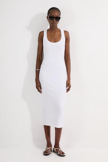 White Compact Jersey Rib Racer Midi Dress