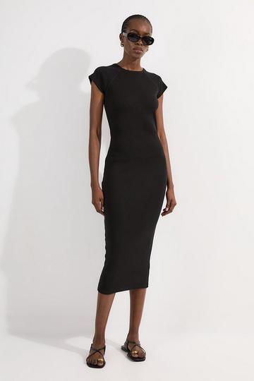 Black Compact Jersey Rib Cap Sleeve Maxi Dress
