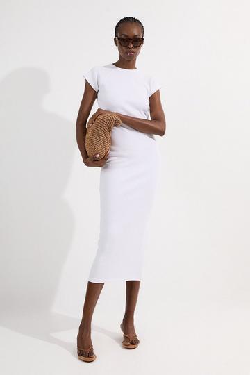 White Compact Jersey Rib Cap Sleeve Maxi Dress
