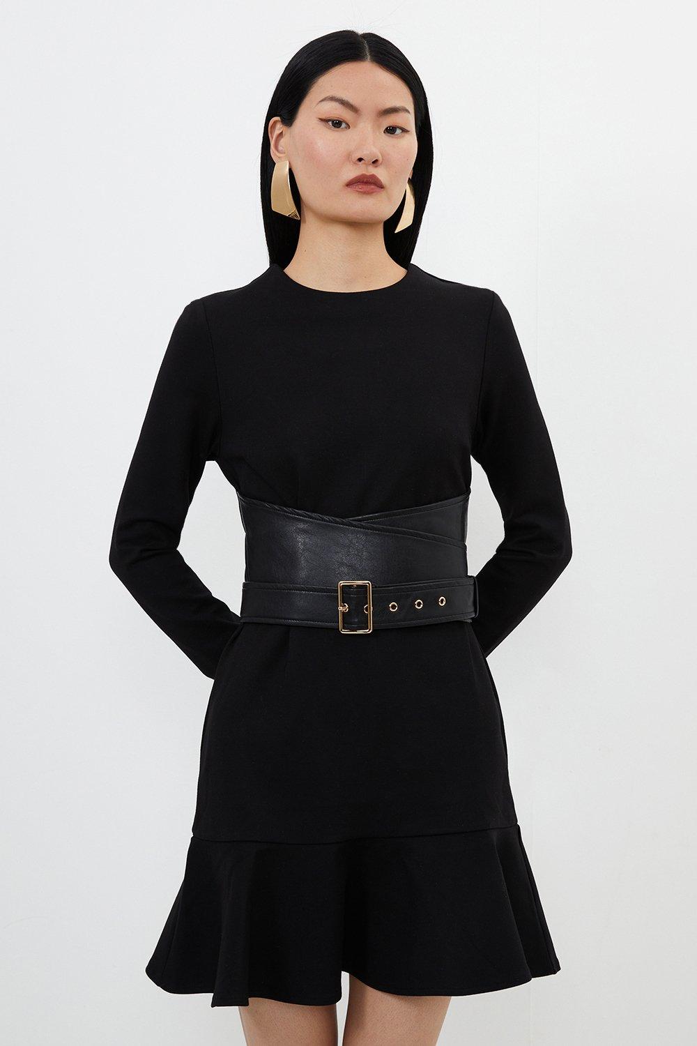 Ponte And Pu Mix Buckle Detail Mini Dress