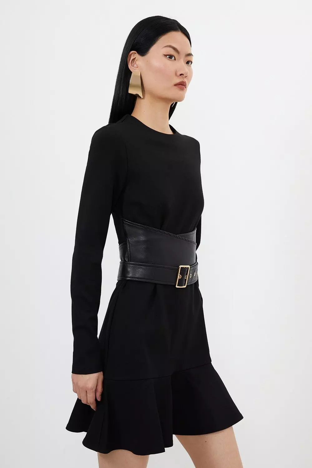 Ponte And Pu Mix Buckle Detail Mini Dress | Karen Millen
