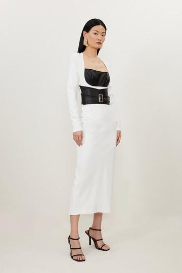 Ponte And Pu Mix Buckle Detail Midi Dress ivory