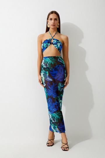 Blue Palm Print Beach Maxi Skirt